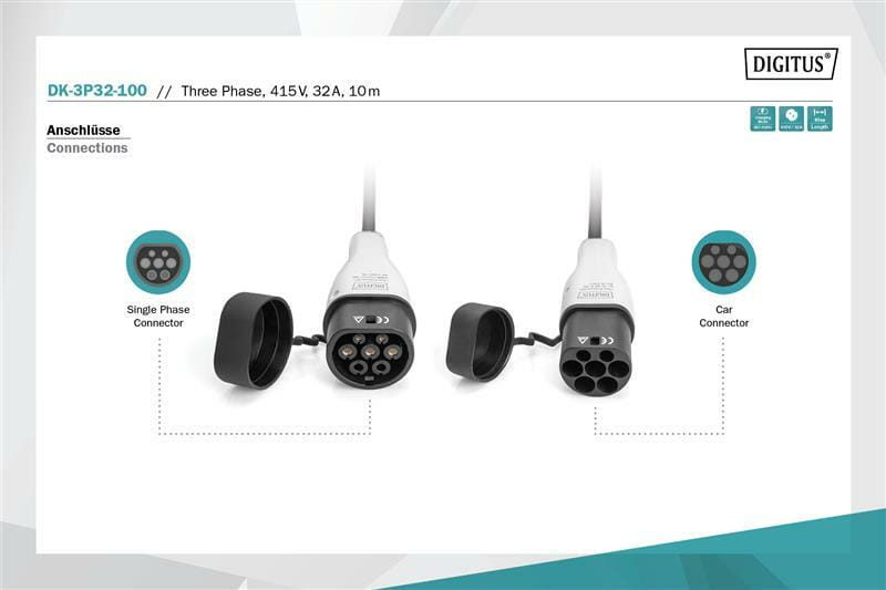 Зарядный кабель Digitus для электромобилей Type 2 to Type 2 Standard, 32А, 22кВт, 3 фазный, 10м (DK-3P32-100)