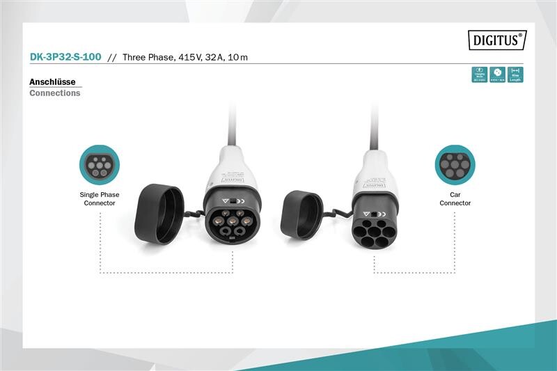 Зарядный кабель Digitus для электромобилей Type 2 to Type 2 Spiral, 32А, 22кВт, 3 фазный, 10м (DK-3P32-S-100)