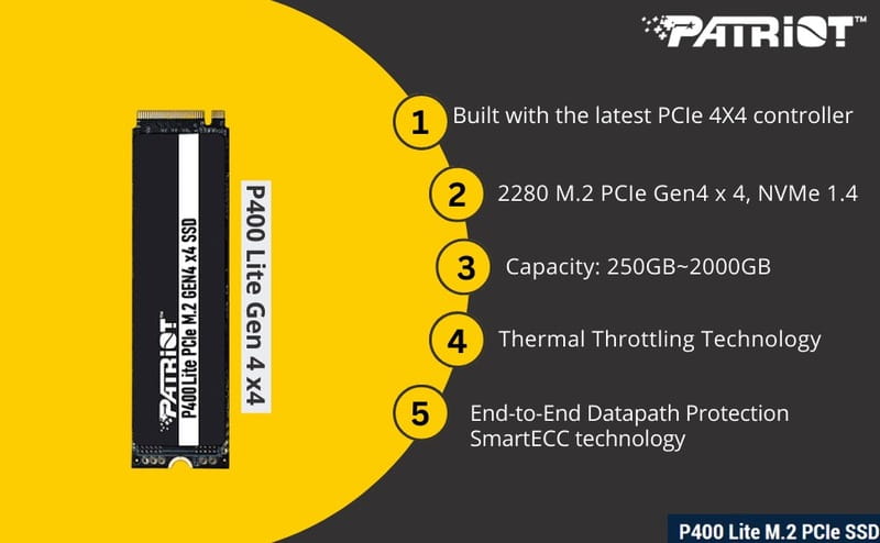 Накопитель SSD 2TB Patriot P400 Lite M.2 2280 PCIe NVMe 4.0 x4 3D TLC (P400LP2KGM28H)