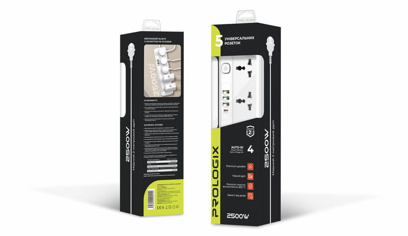 Фильтр питания ProLogix Premium (PR-SC5415W) 5 розеток, 4 USB (1 PD +1 QC3.0 +2 AUTO ID), 2 м, белый