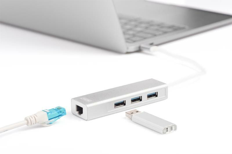 Концентратор USB-C Digitus, 3хUSB 3.0 + Gigabit Ethernet (DA-70255)