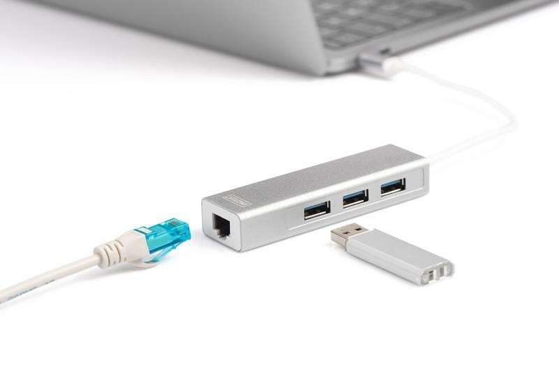 Концентратор USB-C Digitus, 3хUSB 3.0 + Gigabit Ethernet (DA-70255)