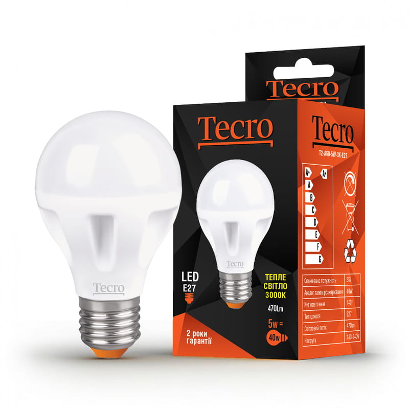Лампа светодиодная Tecro 5W E27 3000K (T2-A60-5W-3K-E27)