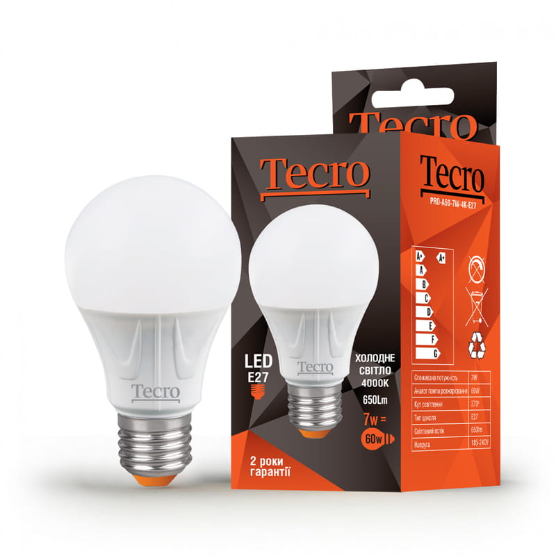 Лампа світлодіодна Tecro 7W E27 4000K (PRO-A60-7W-4K-E27)