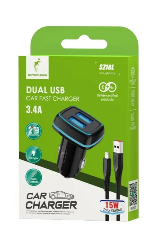 Автомобильное зарядное устройство SkyDolphin SZ18L (2USB, 3.4A) Black (AZP-000099) + кабель Lightning