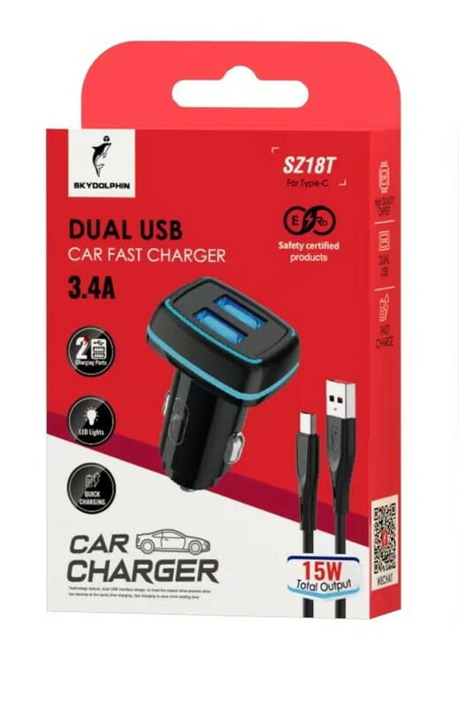 Автомобильное зарядное устройство SkyDolphin SZ18T (2USB, 3.4A) Black (AZP-000100) + кабель Type-C