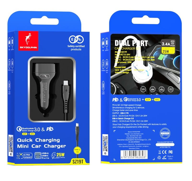 Автомобильное зарядное устройство SkyDolphin SZ19T PD 20W + QC3.0 20W Black (AZP-000104) + кабель Type-C
