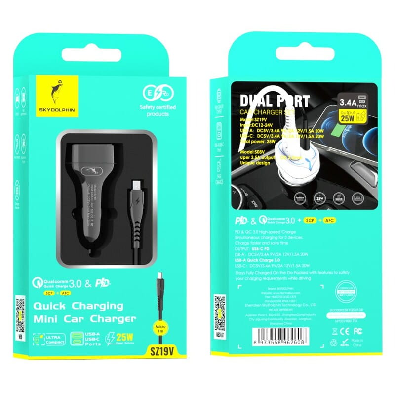 Автомобильное зарядное устройство SkyDolphin SZ19V PD 20W + QC3.0 20W Black (AZP-000105) + кабель microUSB