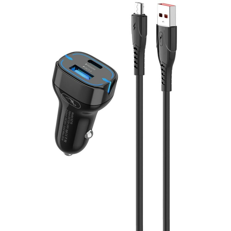 Автомобильное зарядное устройство SkyDolphin SZ19V PD 20W + QC3.0 20W Black (AZP-000105) + кабель microUSB