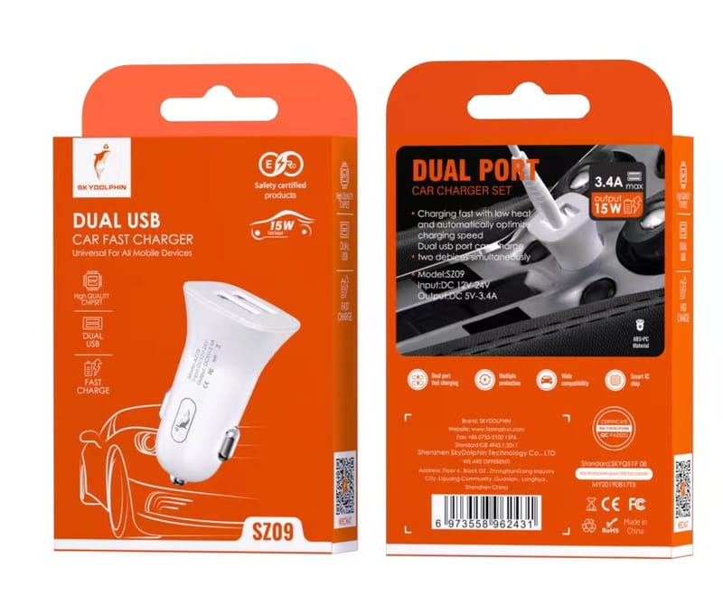 Автомобильное зарядное устройство SkyDolphin SZ09 (2USB, 3.4A) White (AZP-000106)