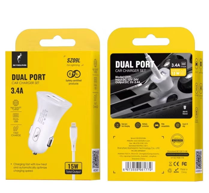 Автомобильное зарядное устройство SkyDolphin SZ09L (2USB, 3.4A) White (AZP-000108) + кабель Lightning