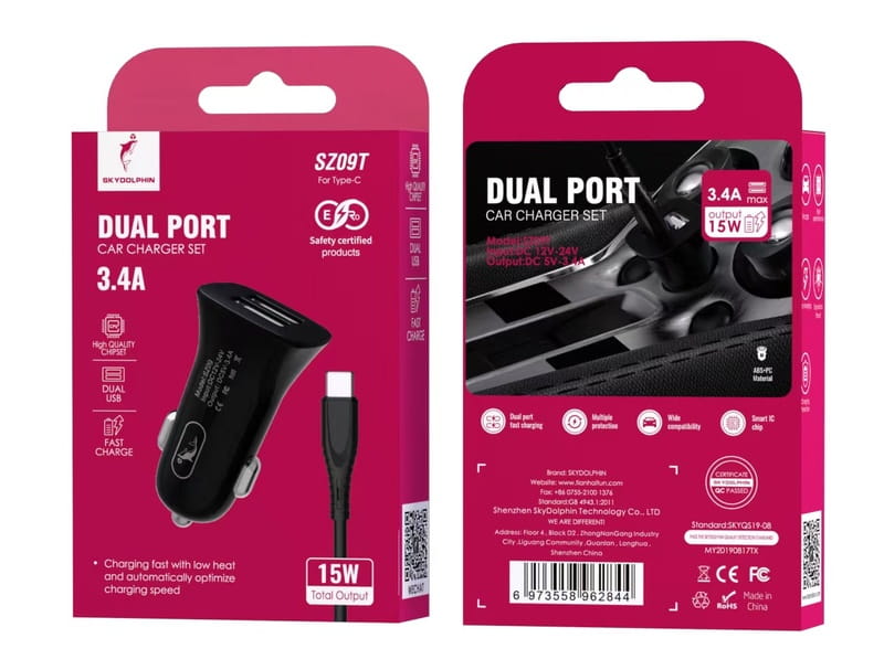 Автомобильное зарядное устройство SkyDolphin SZ09T (2USB, 3.4A) Black (AZP-000110) + кабель Type-C