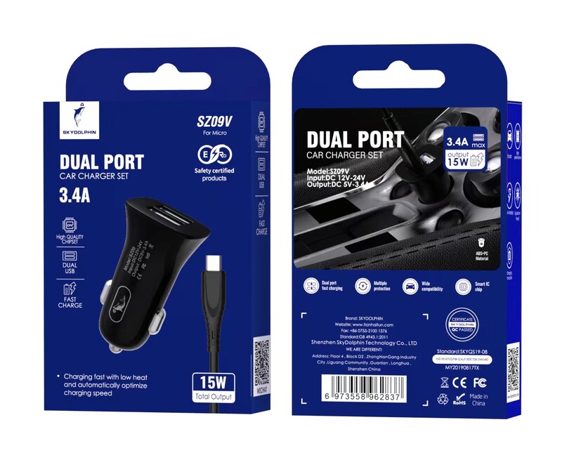 Автомобильное зарядное устройство SkyDolphin SZ09V (2USB, 3.4A) Black (AZP-000111) + кабель microUSB