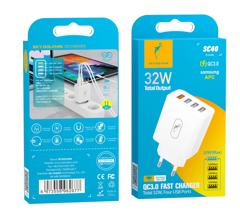 Сетевое зарядное устройство SkyDolphin SC40 (4USBx2.4A) White (MZP-000186)
