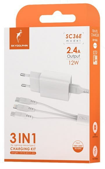 Сетевое зарядное устройство SkyDolphin SC36E (1USBx2.4A) White (MZP-000187) + кабель Lightning/Type-C/MicroUSB