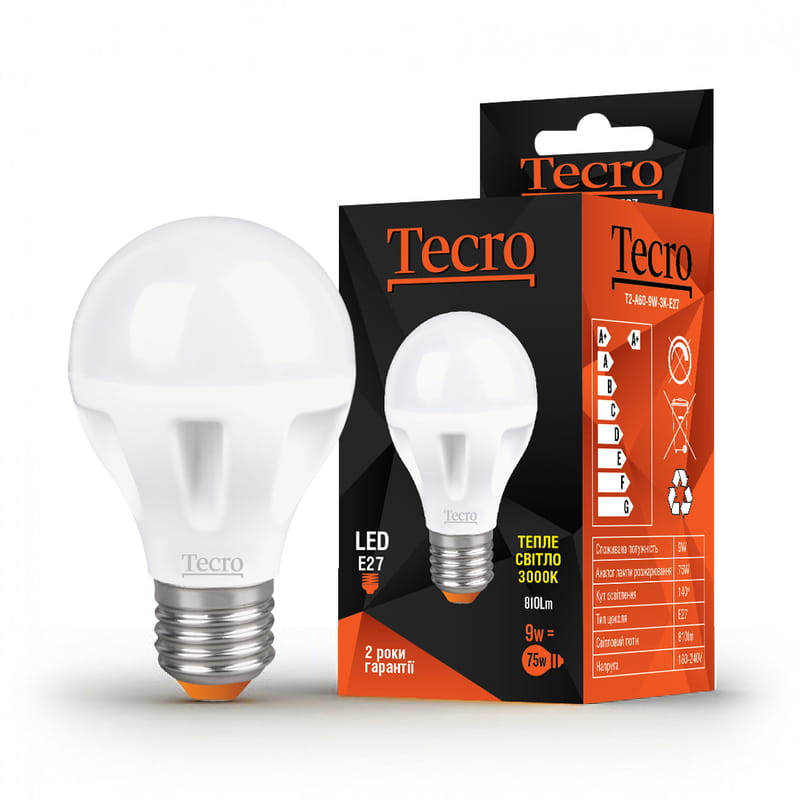 Лампа світлодіодна Tecro 9W E27 3000K (T2-A60-9W-3K-E27)
