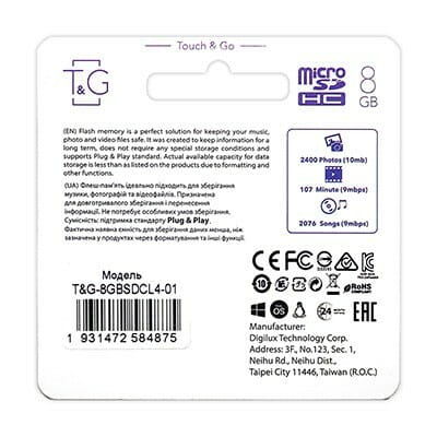 Карта памяти MicroSDHC   8GB Class 4 T&G + SD-adapter (TG-8GBSDCL4-01)