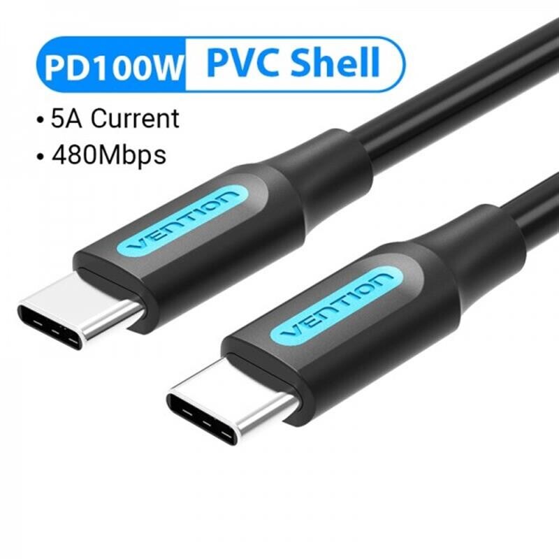 Кабель Vention USB Type-C - USB Type-C (M/M) TPE Round PD 100W, 5A, 1 м, Black (COTBF)