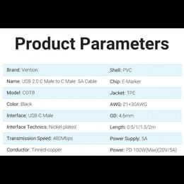 Кабель Vention USB Type-C - USB Type-C (M/M) TPE Round PD 100W, 5A, 1 м, Black (COTBF)