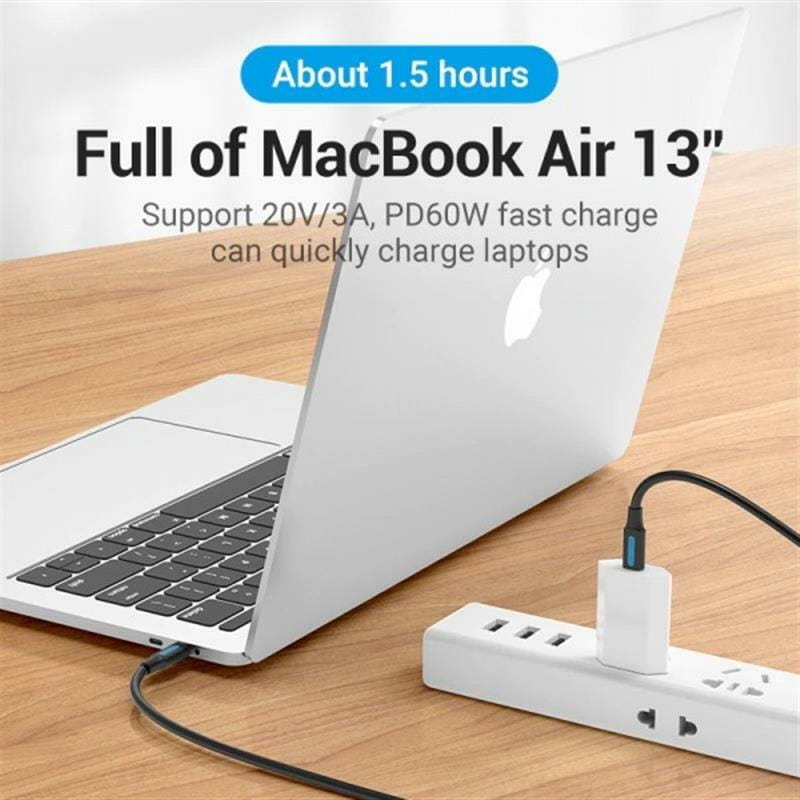 Кабель Vention USB Type-C - USB Type-C (M/M) TPE Round PD 60W, 3A, 2 м, Black (COSBH)