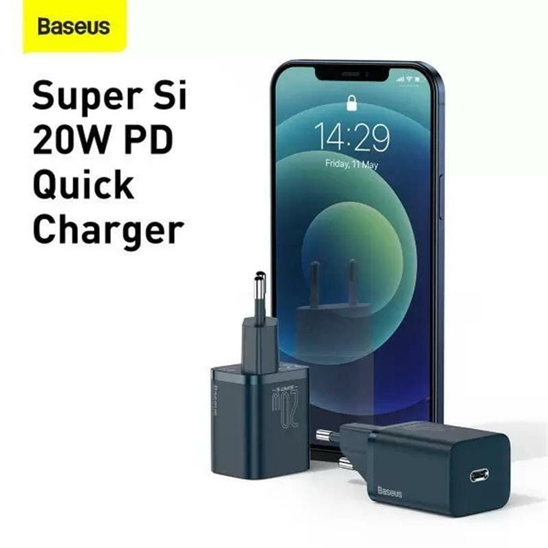 Мережевий зарядний пристрій Baseus Super Si Quick Charger 1C (1USB-C) 20W Blue (TZCCSUP-B03) + кабель Lightning