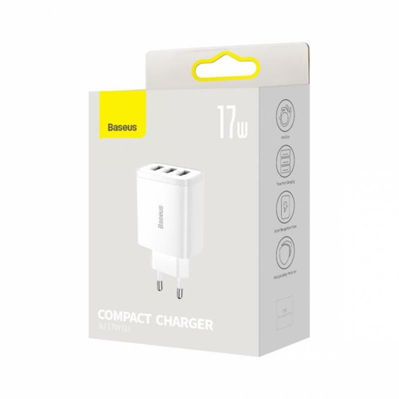 Сетевое зарядное устройство Baseus Compact (3USB, 3.4A) 17W White (CCXJ020102)