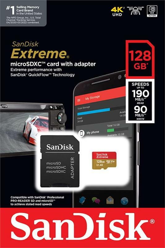 Карта памяти MicroSDXC 128GB C10 UHS-I SanDisk Extreme V30 U3 R190/W90MB/s + SD (SDSQXAA-128G-GN6MA)