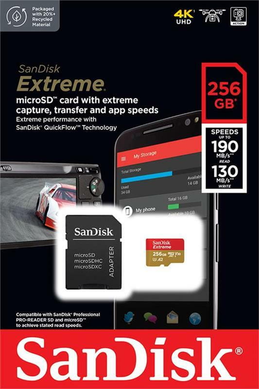Карта памяти MicroSDXC 256GB C10 UHS-I SanDisk Extreme V30 U3 R190/W130MB/s + SD (SDSQXAV-256G-GN6MA)